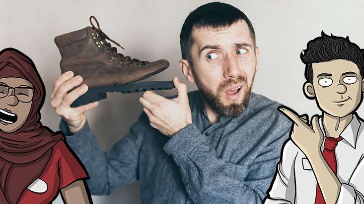 Retail workers looking shocked at a pair of damaged shoes