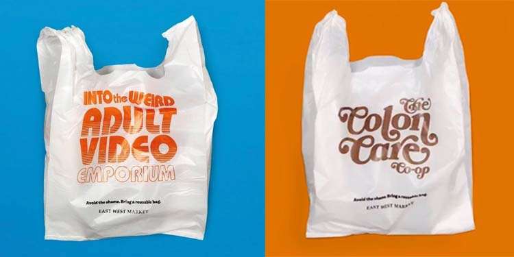 Plastic bags with embarrasing messages on them, one saying Adult Video Emporium, and the other Wart Ointment