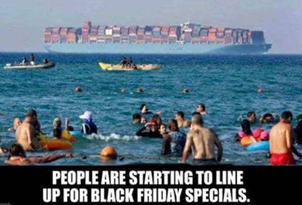 Funny Black Friday memes like this, showing people on a beach waiting on a shipping container full of deals. 